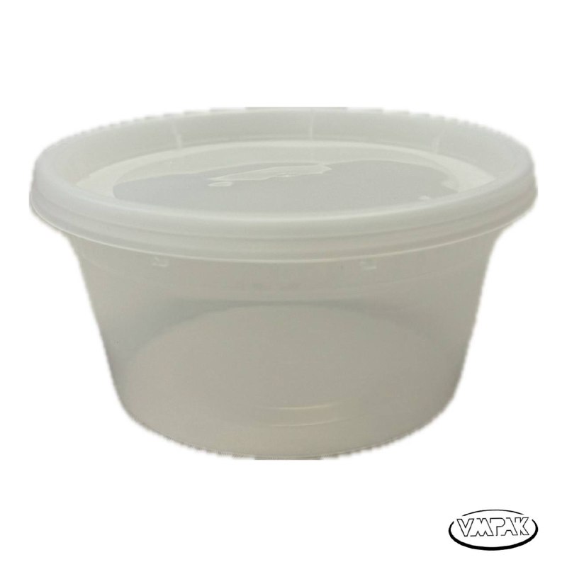 VMPak offers 12oz Round Deli Container Clear PP Base with PE Lid 240 pcs for secure and convenient food storage. These durable containers ensure freshness and convenience for your culinary needs.