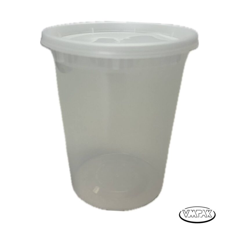 VMPak offers 32oz Round Deli Container Clear PP Base with PE Lid 240 pcs, ideal for secure and convenient food storage. These durable containers ensure freshness and ease for your culinary needs.