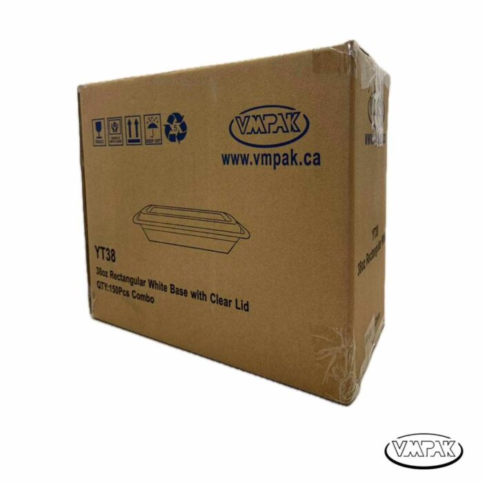 VMPak offers 38oz Rectangular White Base with Clear Lid 150pcs, perfect for food storage needs. These durable containers provide secure and convenient storage for your culinary creations.