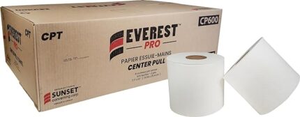 the Everest Center Pull Towel 2ply, featuring 600 sheets per roll. Ideal for kitchens, restrooms, and janitorial settings, these towels offer strength and durability for all your cleaning needs.