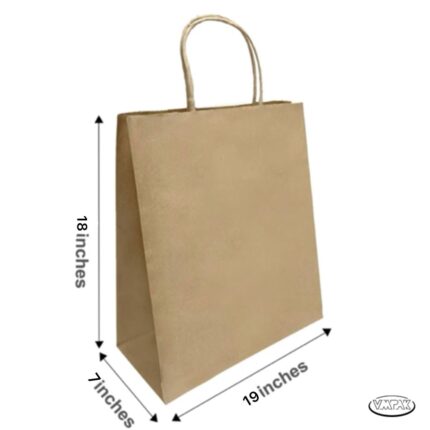 VMpak's Universal Brown Paper Bag With Handle. Measuring 18"x7"x19" inches and conveniently packaged in a 200-bundle case, these bags offer practicality and reliability for all your packaging needs. Perfect for businesses and individuals alike, these bags provide a cost-effective and eco-friendly solution.
