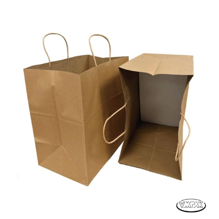 VMPak offers a 200-case of Kraft Paper Bags with Handles, sized at 14x10x14 inches. These eco-friendly bags are perfect for retail, grocery, or gift packaging.