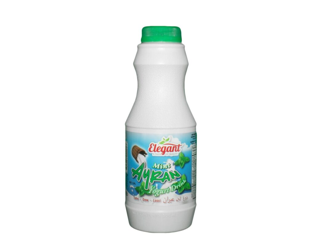 Quench your thirst with Elegant Mint Ayran 473ml. This refreshing beverage combines the classic Ayran taste with the invigorating essence of mint, packaged conveniently in a 473ml bottle for easy enjoyment.