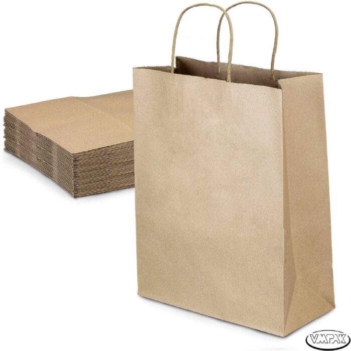VMPak offers a 200-case of Vanity Brown Paper Bags with Handles, sized at 13x7x13 inches. These bags are both stylish and practical, perfect for retail, grocery, or gift packaging needs.