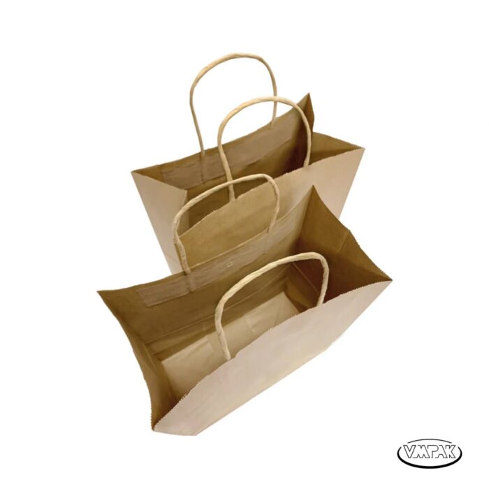 VMPak offers a 200-case of Vanity Brown Paper Bags with Handles, sized at 10x5x13 inches. These bags are both stylish and functional, perfect for carrying groceries, gifts, or retail purchases.