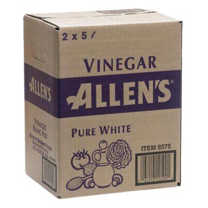 Allen's White Vinegar 2x5 L is a must-have pantry staple for every home. Made from 5% acetic acid, this white vinegar is perfect for adding a tangy kick to your favorite recipes or for use as a natural cleaner around the house. In the kitchen, Allen's White Vinegar adds depth of flavor to marinades, dressings, and sauces. Its acidity helps tenderize meat, enhance flavors in dishes, and brighten salads. Plus, it's a versatile ingredient in baking, preserving, and pickling recipes. Outside the kitchen, Allen's White Vinegar serves as an effective and eco-friendly cleaner. Its acidic properties make it a powerful degreaser, stain remover, and disinfectant, perfect for tackling tough messes on countertops, floors, and surfaces throughout your home. With two 5 L bottles, Allen's White Vinegar ensures you'll always have plenty on hand for all your cooking and cleaning needs. Whether you're whipping up a batch of homemade salad dressing or giving your home a natural deep clean, Allen's White Vinegar is the perfect choice for achieving outstanding results.