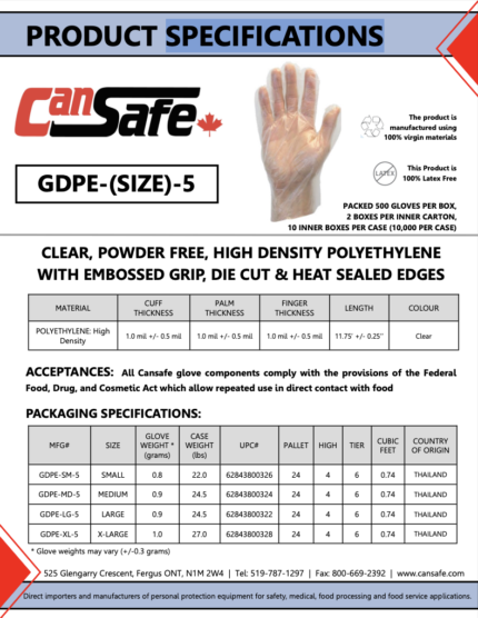 Clear Powder-Free Polyethylene Gloves  stand as the epitome of cost-effective hand protection. Polyethylene gloves are renowned for their affordability and versatility, making them ideal for light-duty tasks that require frequent glove changes. Crafted with a loose fit design, these gloves facilitate easy on and off applications, enhancing efficiency in busy environments such as food service lines and deli counters. Made from high-density polyethylene, these gloves feature embossed grip for improved handling and control. With a standard length of 11.75" +/- 0.25" and sizes ranging from Small to Extra Large, these gloves ensure a comfortable fit for various hand sizes. Each master case contains 10,000 gloves, packed in 500 gloves per box and 20 boxes per case, ensuring an ample supply for your needs. Enjoy the convenience of powder-free gloves with die-cut and heat-sealed edges, ensuring durability and reliability. These gloves are 100% latex and silicone-free, manufactured using 100% virgin materials and recyclable, aligning with environmental sustainability goals. Elevate your hand protection with Clear Powder-Free Polyethylene Gloves for unmatched value and performance in any setting.