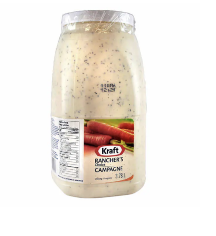 Kraft Rancher's Choice Dressing 3.78 L is the quintessential choice for those who love the classic ranch flavor. Whether drizzled over salads, used as a dip for vegetables, or incorporated into marinades, this dressing adds a bold and creamy taste that's sure to satisfy your cravings. Proudly Canadian, Kraft Salad Dressings are a beloved favorite among Canadian families. With a commitment to quality and taste, Kraft Salad Dressings are meticulously prepared in Canada, ensuring that every bottle delivers the craveable flavor and delectable texture that you've come to expect. Crafted with care and made with no artificial flavors or preservatives, Kraft Rancher's Choice Dressing offers a one-of-a-kind flavor that will elevate any meal. Its creamy texture and bold taste make it a versatile addition to your kitchen pantry, perfect for enhancing the flavor of salads, sandwiches, wraps, and more. With its generous 3.78 L size, Kraft Rancher's Choice Dressing provides an ample supply to meet the needs of your family or foodservice establishment. Whether you're enjoying a meal at home or serving customers in a restaurant, you can trust Kraft Salad Dressings to deliver exceptional taste and quality every time. Experience the delicious flavor of Kraft Rancher's Choice Dressing and take your meals to the next level.