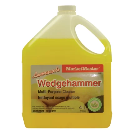 Lawrason's Wedgehammer Multipurpose Cleaner/Degreaser, 4 x 4 L/Case (31500), part of the MARKETMASTER line, is an exceptional cleaning solution designed for diverse applications. Approved for use in Canadian food plants by the CFIA, this cleaner/degreaser excels at removing all types of soil, grease, fats, oils, soot, and smoke. It works effectively on a wide range of hard surfaces including metal, concrete, plastic, rubber, vinyl, sealed wood, and formica. This concentrated formula is both phosphate-free and non-caustic, ensuring safety and environmental responsibility. The greenish-yellow color and refreshing citrus fragrance enhance the cleaning experience. With a pH range of 12.0 to 13.0, Lawrason's Wedgehammer offers versatile dilution ratios: light cleaning at 1:40, medium cleaning at 1:10 or 1:20, and heavy-duty cleaning ready to use (RTU). Each case contains four 4-liter bottles, providing ample supply for extensive cleaning needs. Trust Lawrason's Wedgehammer for reliable, powerful, and safe cleaning in any environment.