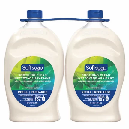 Softsoap Soothing Aloe Vera Moisturizing Hand Soap, 2 x 2.36 L/Case delivers an exceptional hand-washing experience with its blend of soothing aloe vera and moisturizing ingredients. This liquid hand soap is designed to gently cleanse while providing essential hydration, leaving your hands feeling soft and nourished. The formula includes water, sodium C12-13 alketh sulfate and/or sodium laureth sulfate, cocamidopropyl betaine, glycol stearate, citric acid, sodium benzoate, cocamide MEA, fragrance, polyquaternium-7, sodium chloride, tetrasodium EDTA, aloe barbadensis leaf juice, glycol distearate, laureth-4, yellow 5, and red 33. Each case comes with two 2.36 L refills, making it a convenient and long-lasting choice for maintaining hygiene in any setting. Trust in Softsoap Soothing Aloe Vera Moisturizing Hand Soap for a perfect blend of cleanliness and care.