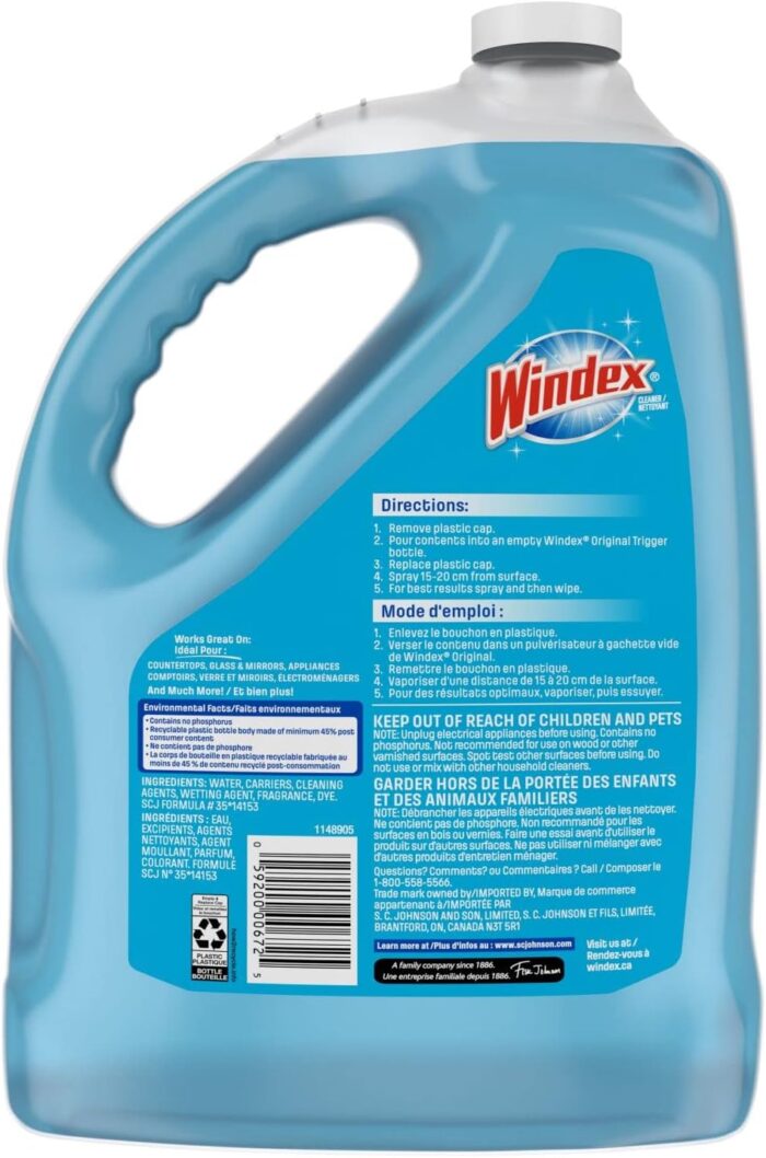 Windex Original Blue Glass and Window Cleaner Refill, 5 L is the ultimate solution for achieving sparkling clean glass surfaces. This cleaner is perfect for windows, mirrors, and other glass surfaces, effortlessly removing fingerprints, smudges, and smears. With its powerful formula, it delivers an unbeatable streak-free shine, ensuring your home looks bright and clean. Windex Original starts working on smudges and smears even before you wipe, making cleaning quick and easy. Whether you're tackling everyday grime or preparing for a special occasion, this 5-liter refill ensures you always have plenty of cleaner on hand to keep your home shining.